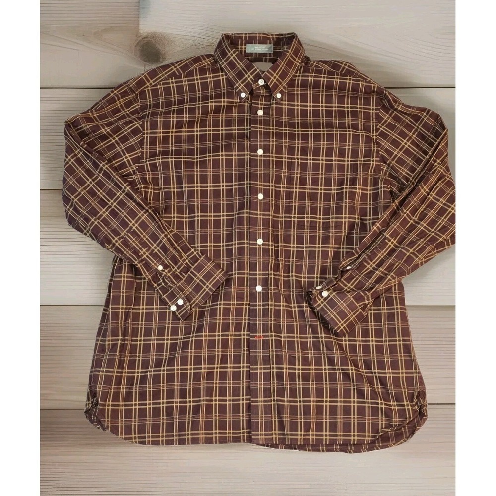Daniel Cremieux Mens XL Shirt Burgundy Tan Plaid Button Up Long Sleeve Cotton